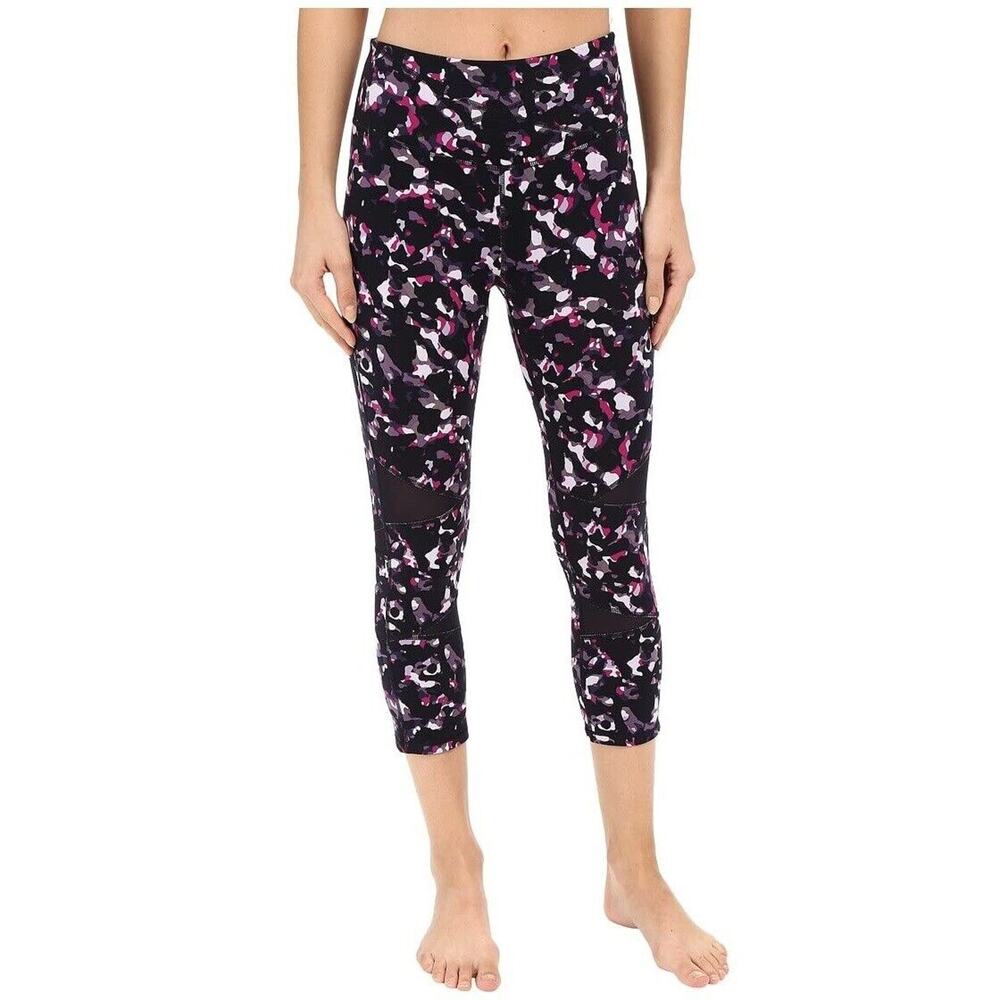 Yummie Women Black Abstract Mesh Cut Outs Sports Yoga Cropped Leggings Size XS